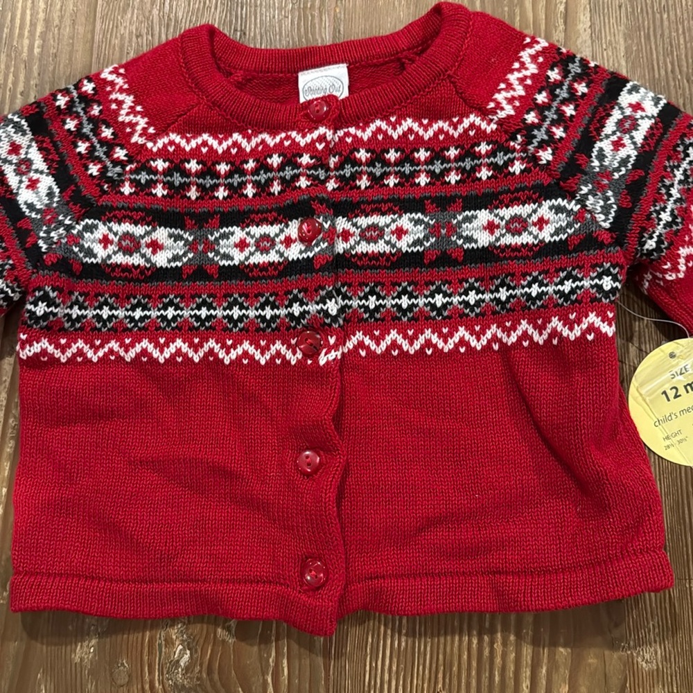 Starting Out red Fair Isle Sweater button up 12 months nwt